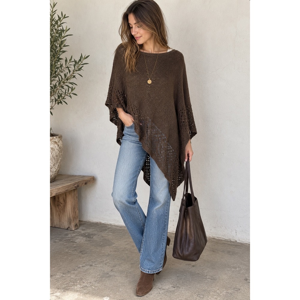 Shana K Chocolate Brown Knit Poncho Asymmetrical Pointelle Boho One Size